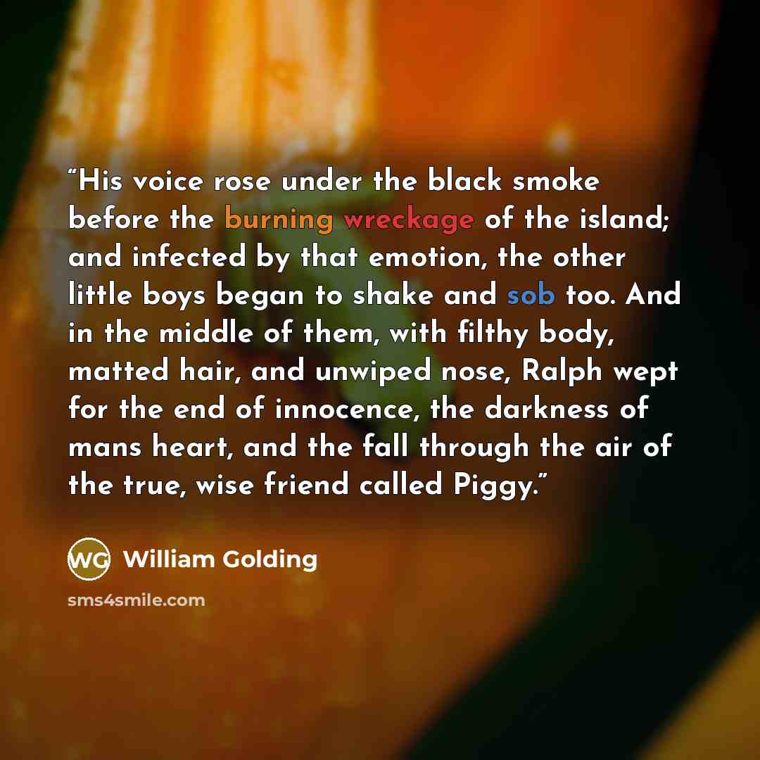 “His voice rose under the black smoke before the burning wreckage of the island; and infected by that emotion, the other little boys began to shake and sob too. And in the middle of them, with filthy body, matted hair, and unwiped nose, Ralph wept for the end of innocence, the darkness of mans…” quote by William Golding
