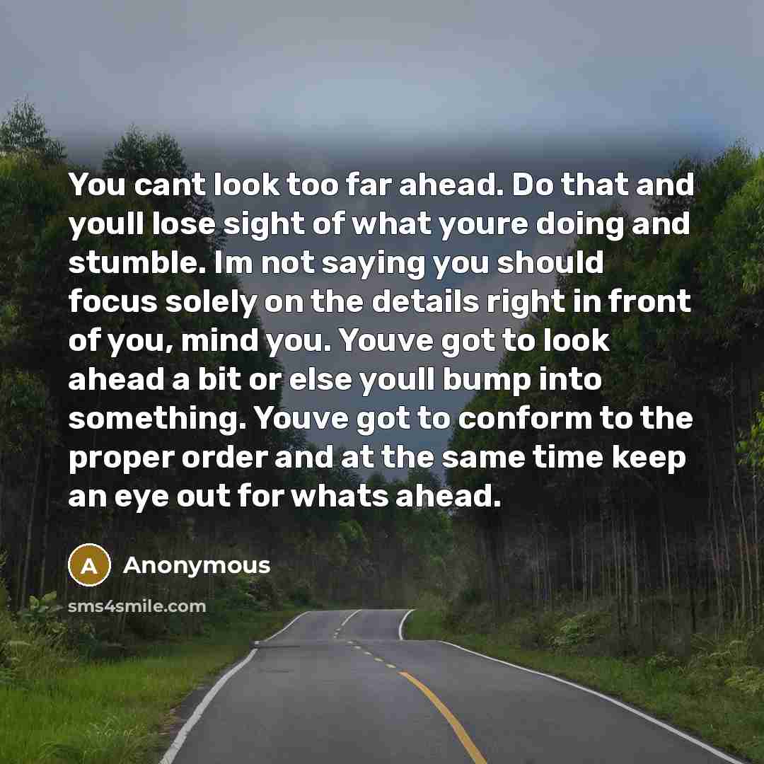 “You cant look too far ahead. Do that and youll lose sight of what youre doing and stumble. Im not saying you should focus solely on the details right in front of you, mind you. Youve got to look ahead a bit or else youll bump into something. Youve got to conform to the proper order and at the same…” quote by Anonymous