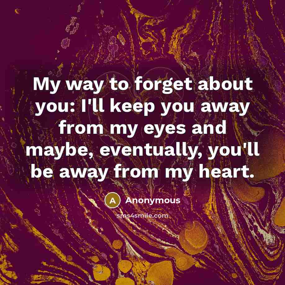 “My way to forget about you: I'll keep you away from my eyes and maybe, eventually, you'll be away from my heart.” quote by Anonymous