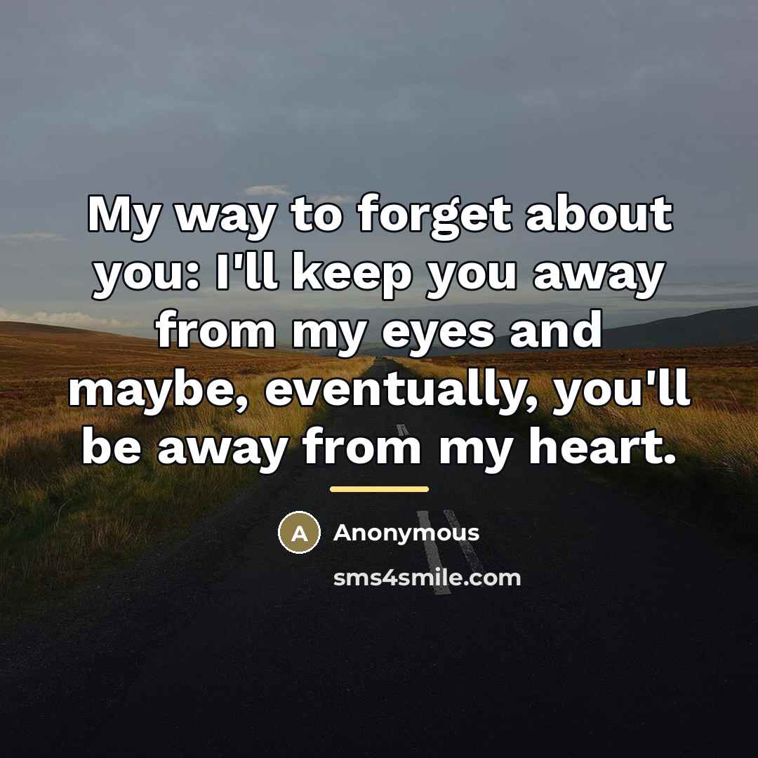 “My way to forget about you: I'll keep you away from my eyes and maybe, eventually, you'll be away from my heart.” quote by Anonymous