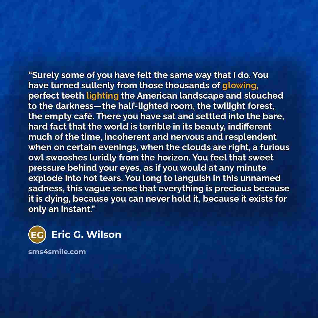 “Surely some of you have felt the same way that I do. You have turned sullenly from those thousands of glowing, perfect teeth lighting the American landscape and slouched to the darkness—the half-lighted room, the twilight forest, the empty café. There you have sat and settled into the bare, hard…” quote by Eric G. Wilson