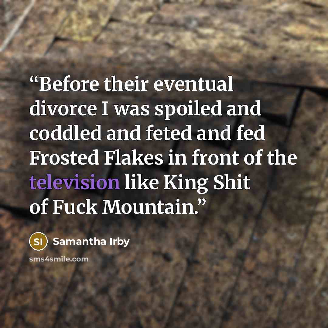 “Before their eventual divorce I was spoiled and coddled and feted and fed Frosted Flakes in front of the television like King Shit of Fuck Mountain.” quote by Samantha Irby