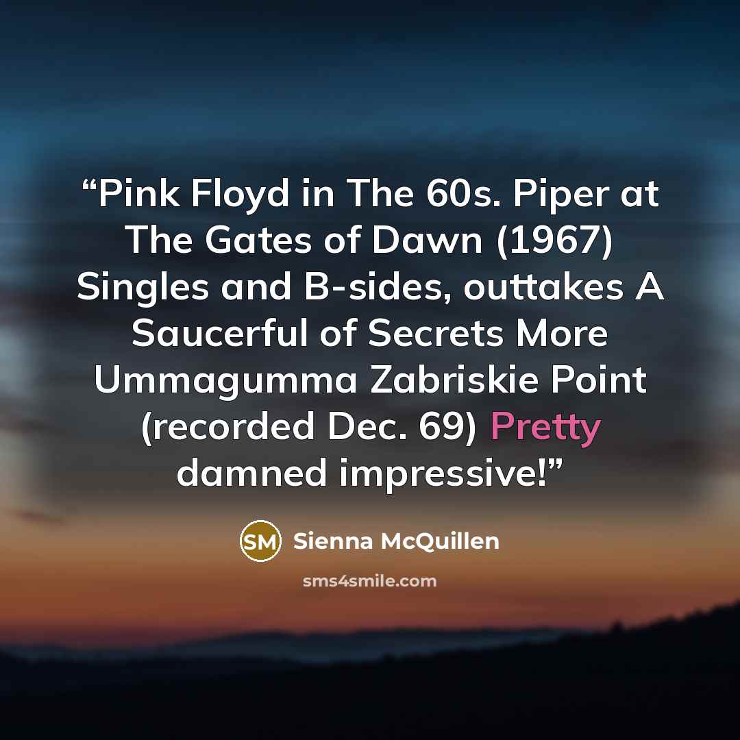 “Pink Floyd in The 60s. Piper at The Gates of Dawn (1967) Singles and B-sides, outtakes A Saucerful of Secrets More Ummagumma Zabriskie Point (recorded Dec. 69) Pretty damned impressive!” quote by Sienna McQuillen