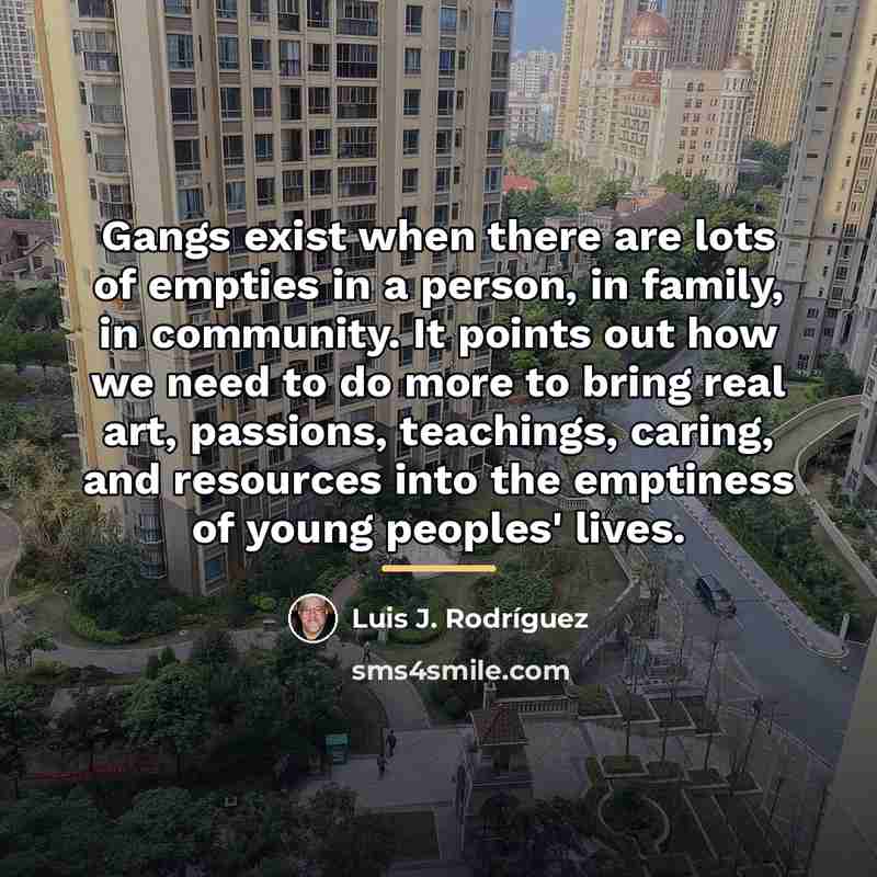“Gangs exist when there are lots of empties in a…” quote by Luis J. Rodriguez