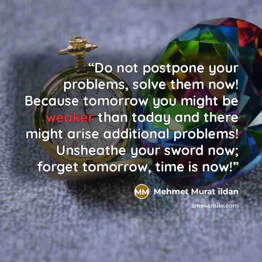 “Do not postpone your problems, solve them now! Because tomorrow you might be weaker than today and there might arise additional problems! Unsheathe your sword now; forget tomorrow, time is now!” quote by Mehmet Murat ildan