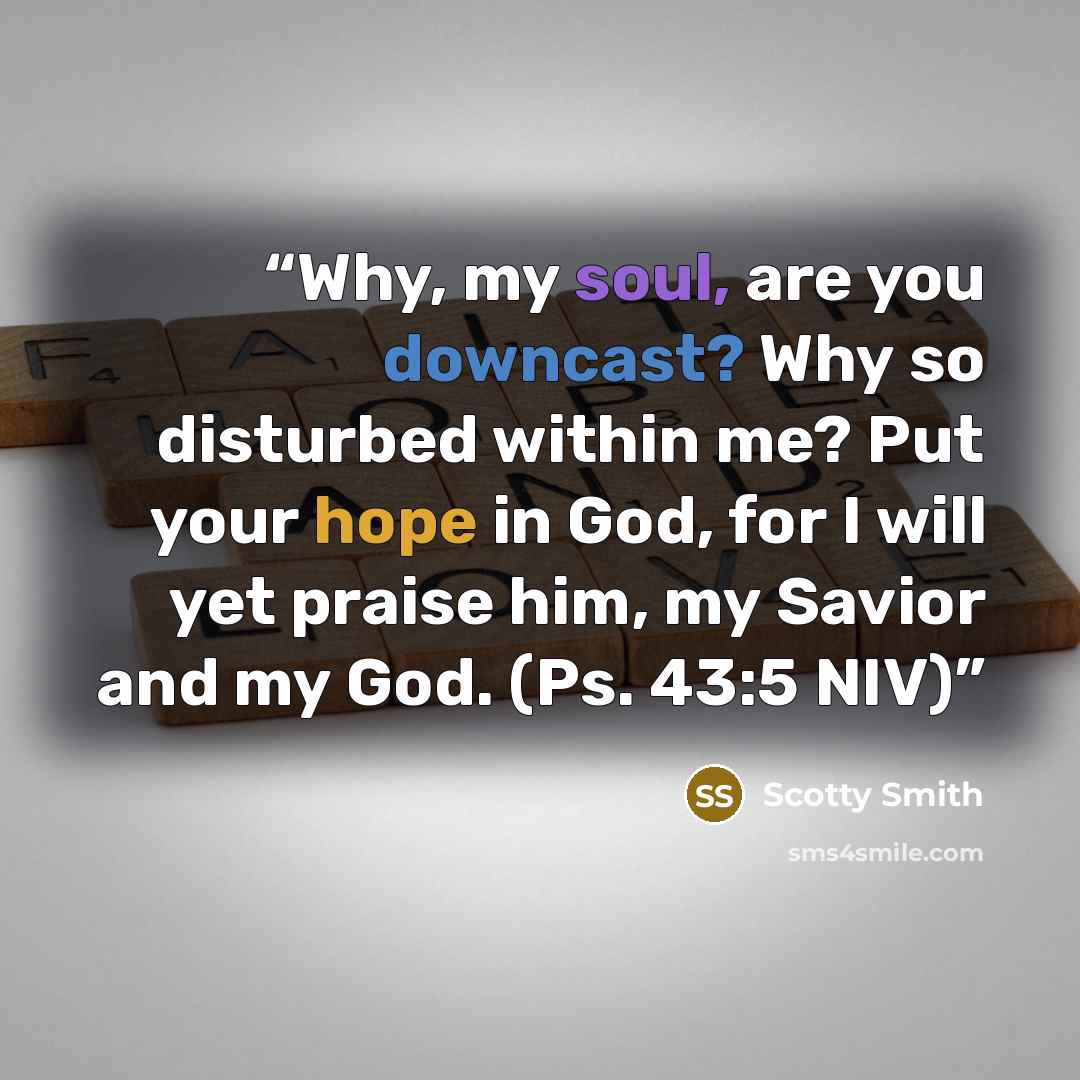 “Why, my soul, are you downcast? Why so disturbed within me? Put your hope in God, for I will yet praise him, my Savior and my God. (Ps. 43:5 NIV)” quote by Scotty Smith