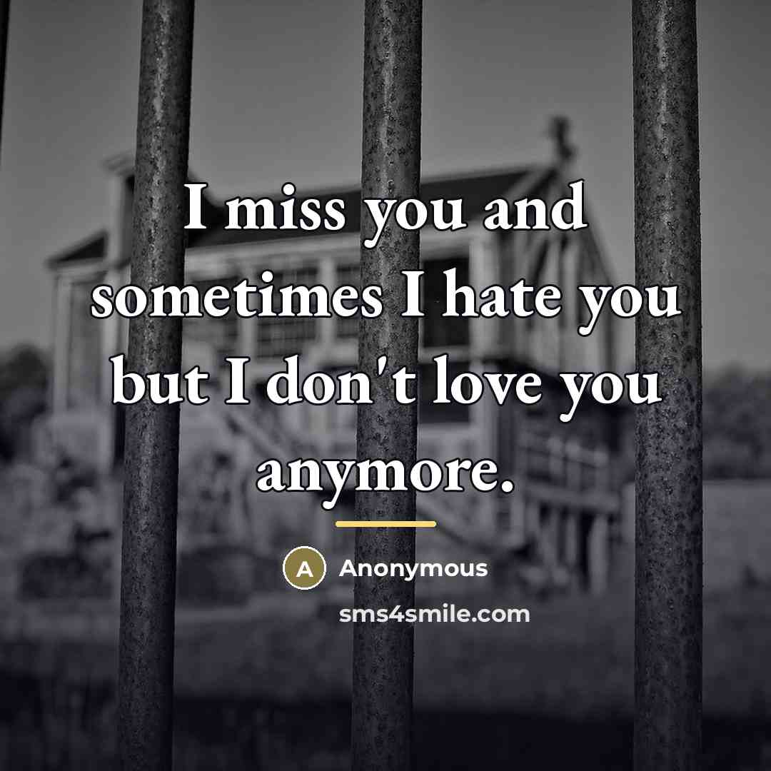 “I miss you and sometimes I hate you but I…” quote by Anonymous