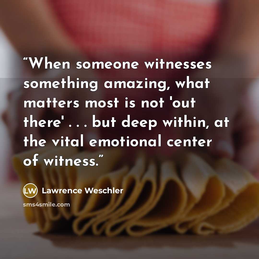 “When someone witnesses something amazing, what matters most is not 'out there' . . . but deep within, at the vital emotional center of witness.” quote by Lawrence Weschler