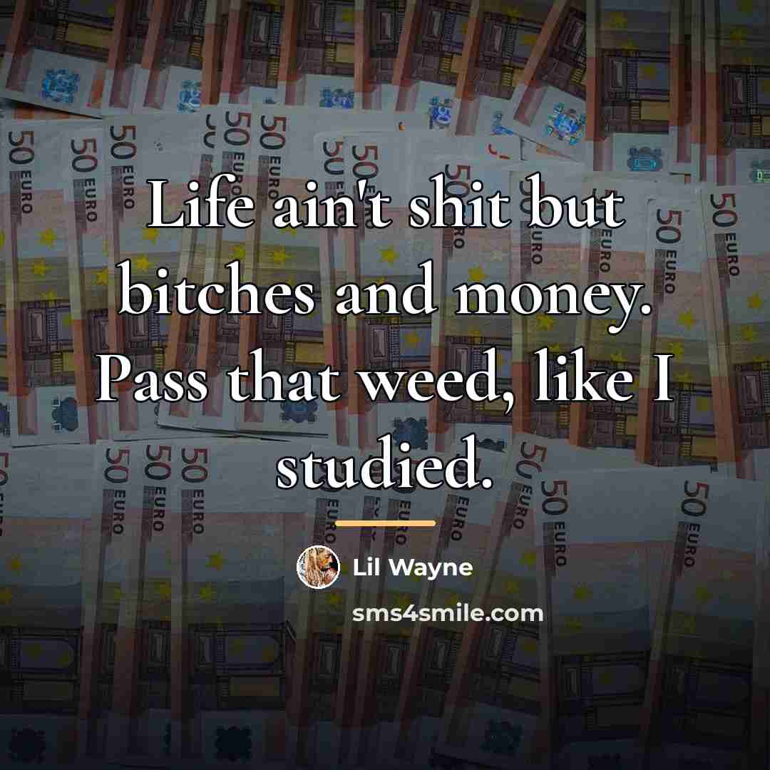 “Life ain't shit but bitches and money. Pass that weed,…” quote by Lil Wayne