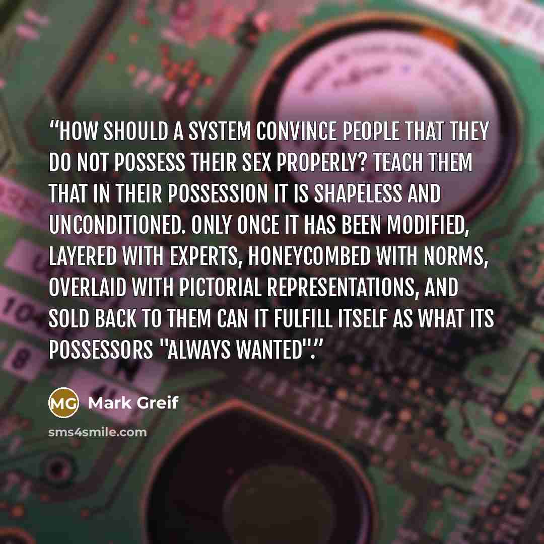 “How should a system convince people that they do not possess their sex properly? Teach them that in their possession it is shapeless and unconditioned. Only once it has been modified, layered with experts, honeycombed with norms, overlaid with pictorial representations, and sold back to them can…” quote by Mark Greif
