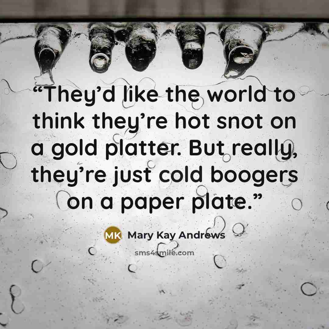 “They’d like the world to think they’re hot snot on a gold platter. But really, they’re just cold boogers on a paper plate.” quote by Mary Kay Andrews