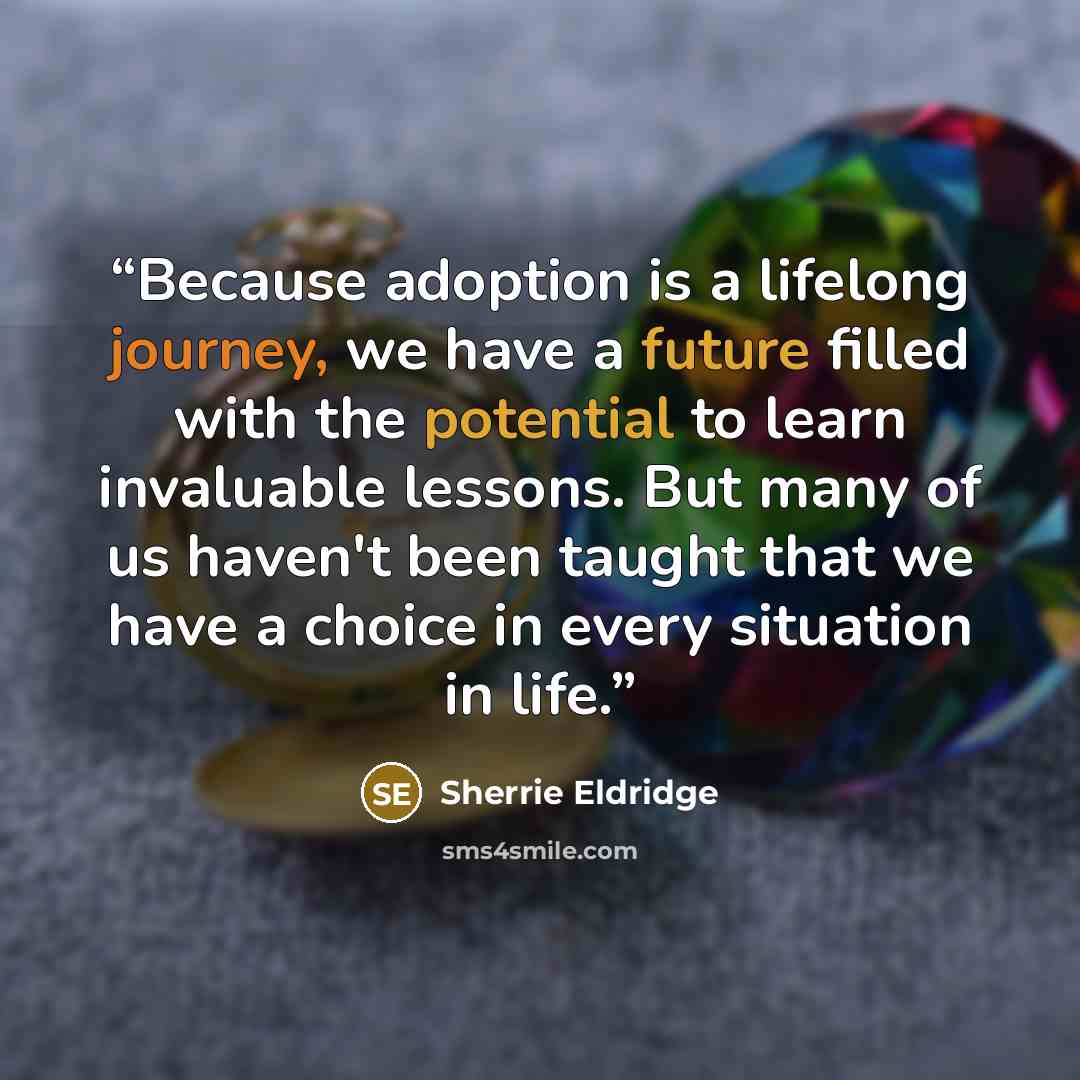“Because adoption is a lifelong journey, we have a future filled with the potential to learn invaluable lessons. But many of us haven't been taught that we have a choice in every situation in life.” quote by Sherrie Eldridge