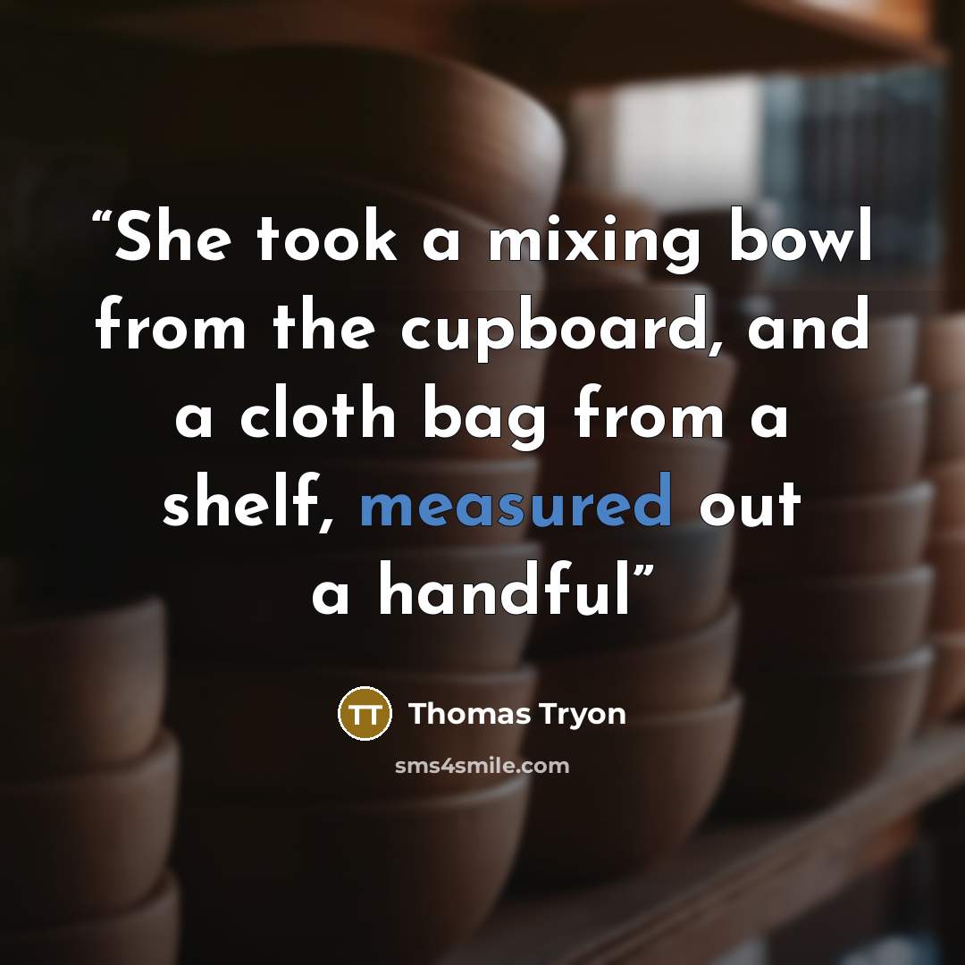 “She took a mixing bowl from the cupboard, and a cloth bag from a shelf, measured out a handful” quote by Thomas Tryon