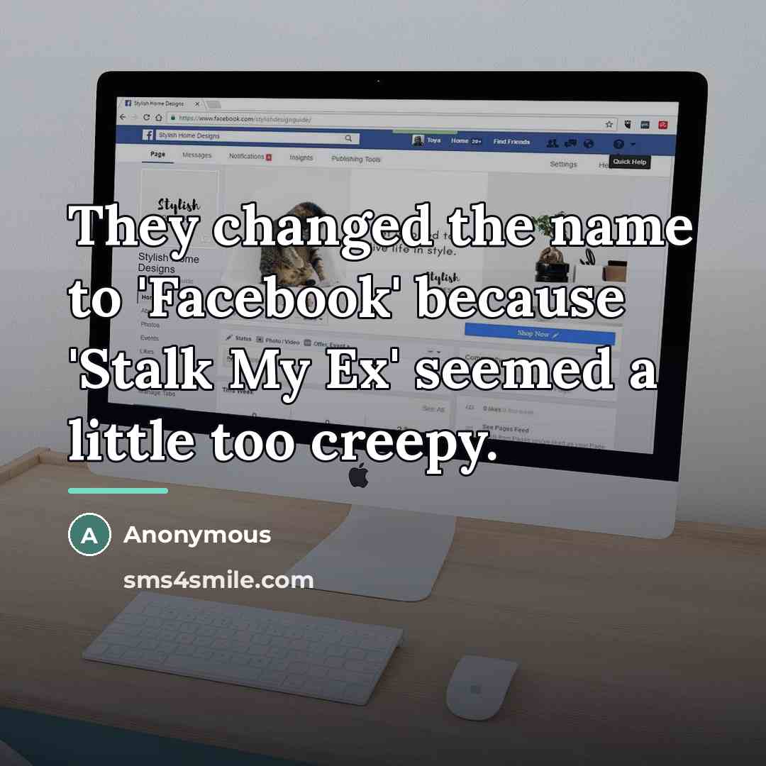 “They changed the name to 'Facebook' because 'Stalk My Ex'…” quote by Anonymous