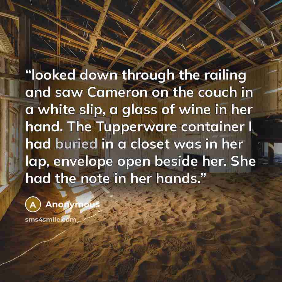 “looked down through the railing and saw Cameron on the couch in a white slip, a glass of wine in her hand. The Tupperware container I had buried in a closet was in her lap, envelope open beside her. She had the note in her hands.” quote by Anonymous
