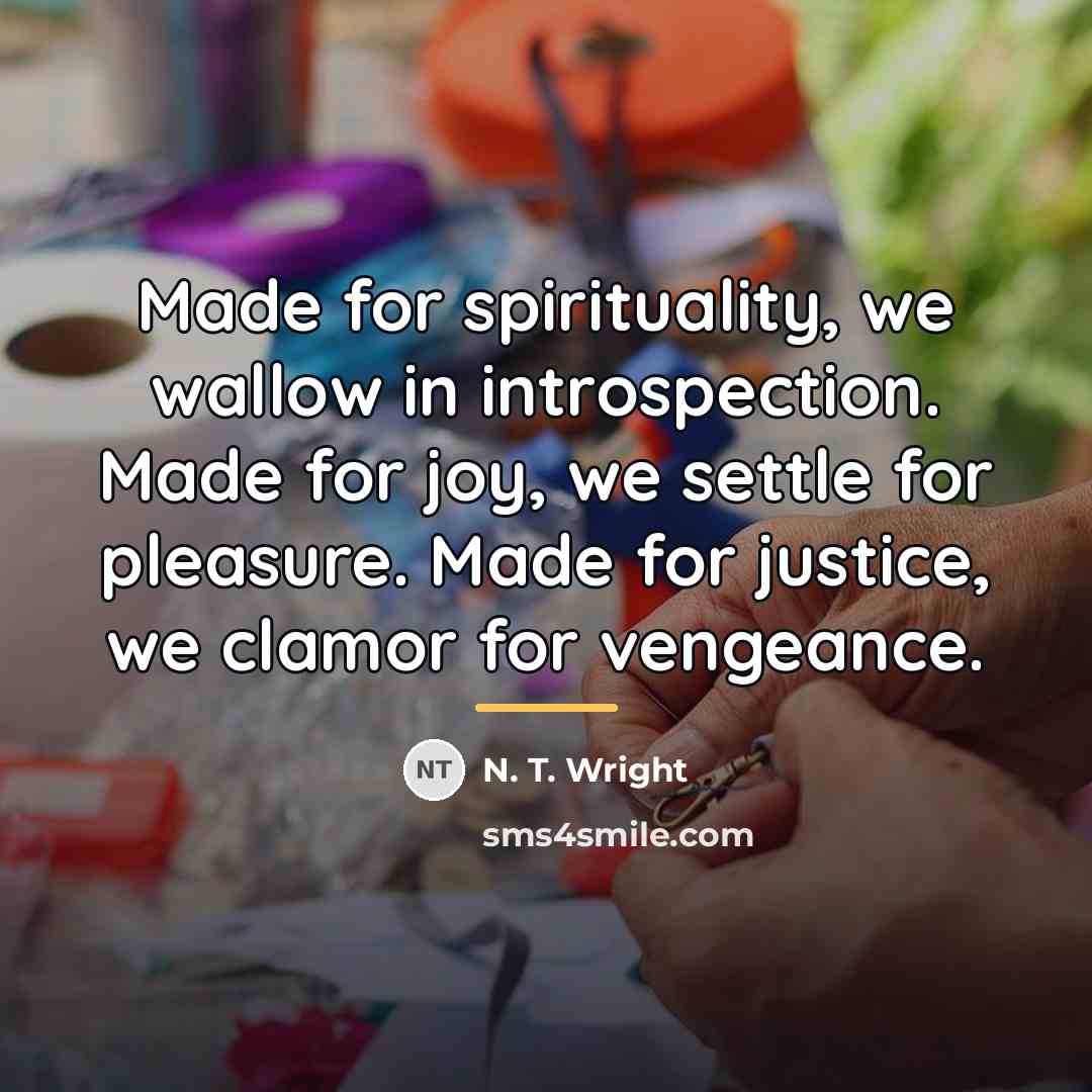 “Made for spirituality, we wallow in introspection. Made for joy,…” quote by N. T. Wright