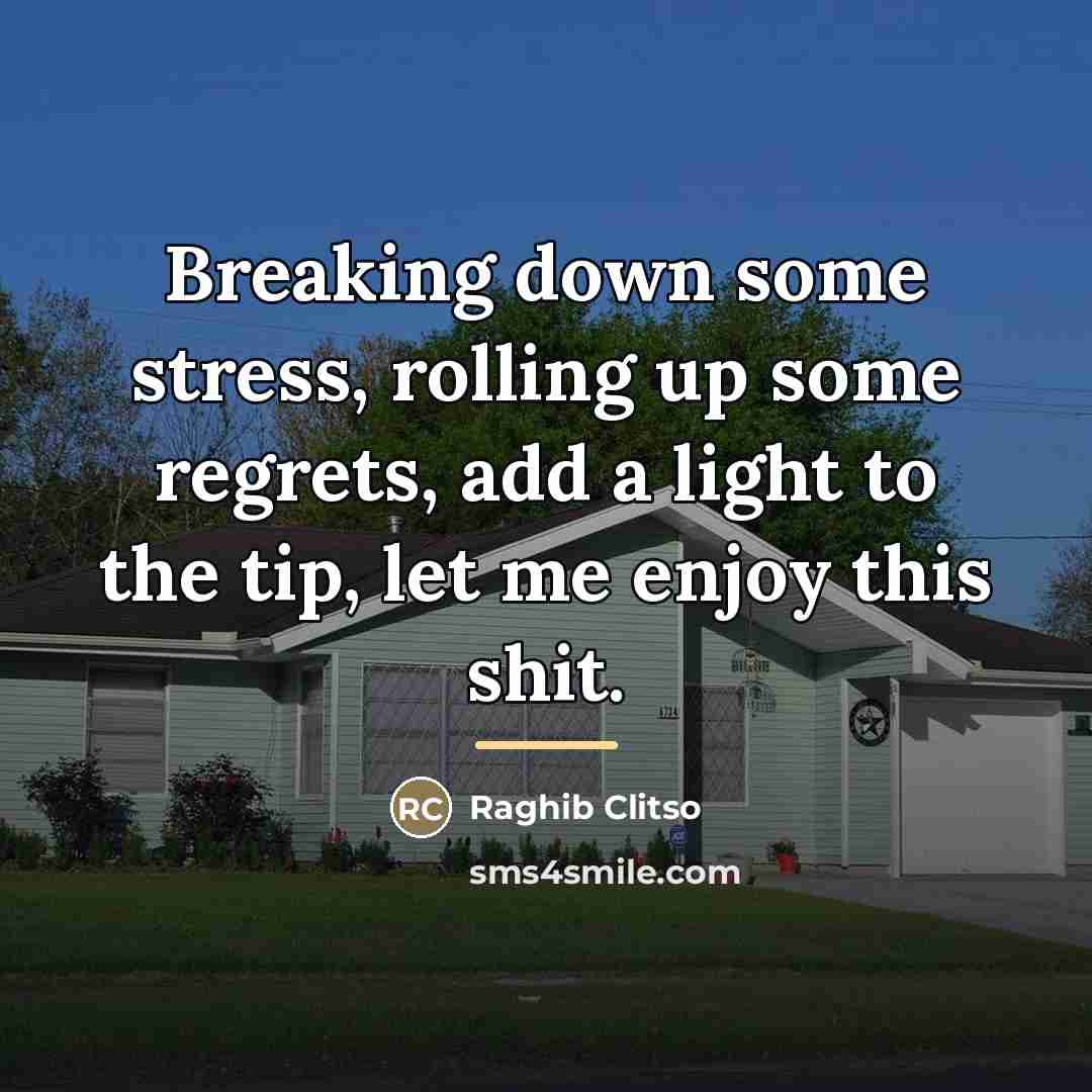“Breaking down some stress, rolling up some regrets, add a…” quote by Raghib Clitso