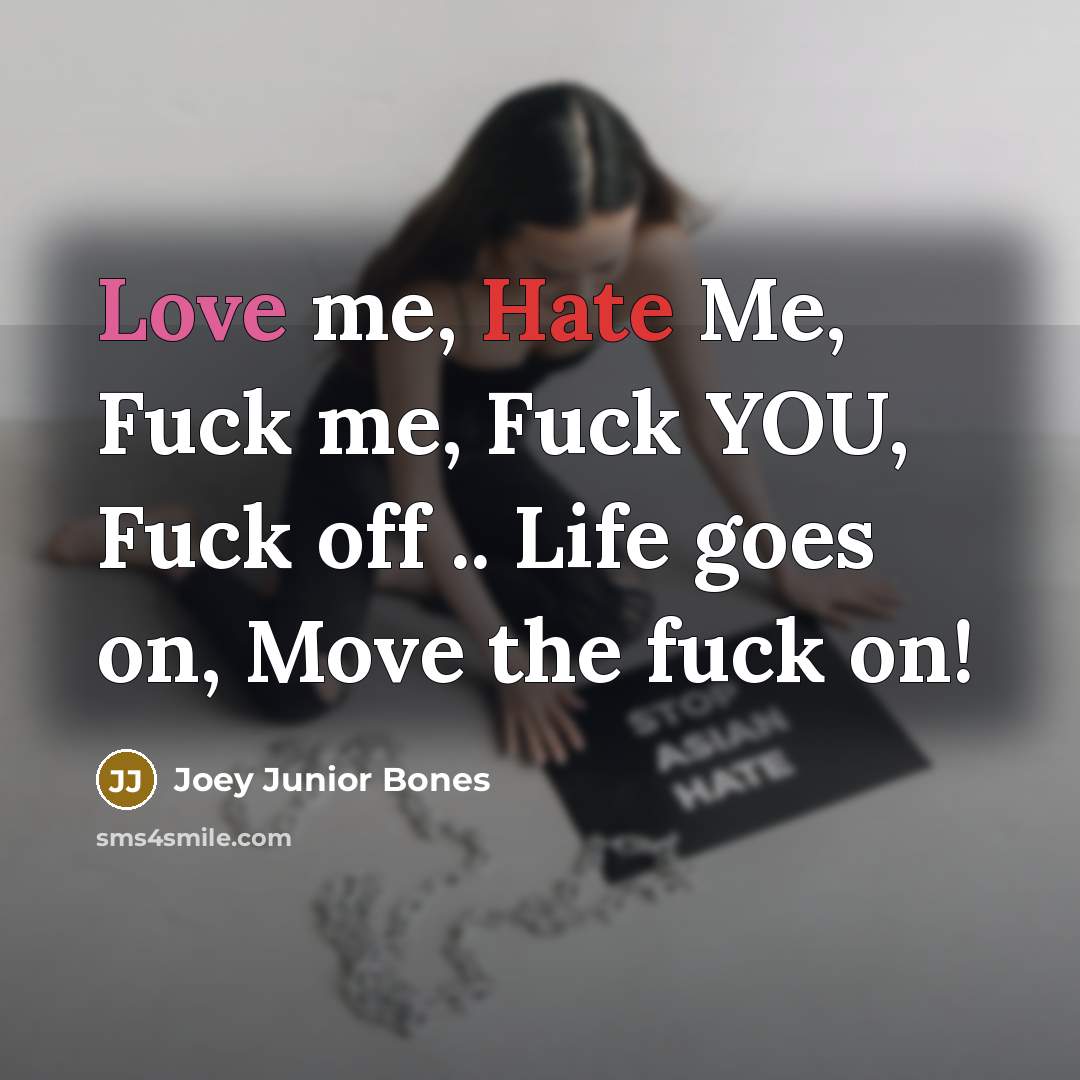 “Love me, Hate Me, Fuck me, Fuck YOU, Fuck off .. Life goes on, Move the fuck on!” quote by Joey Junior Bones