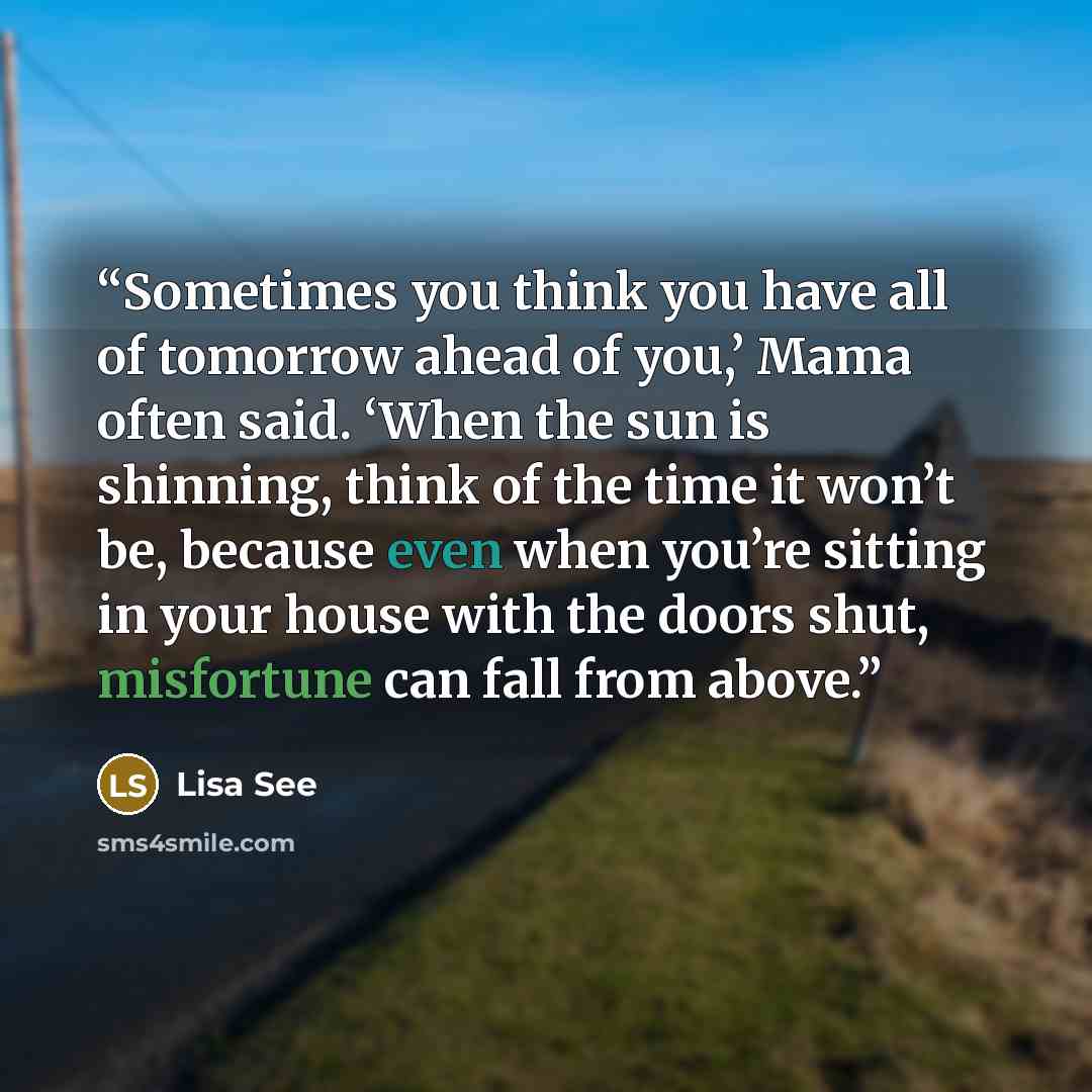 “Sometimes you think you have all of tomorrow ahead of you,’ Mama often said. ‘When the sun is shinning, think of the time it won’t be, because even when you’re sitting in your house with the doors shut, misfortune can fall from above.” quote by Lisa See