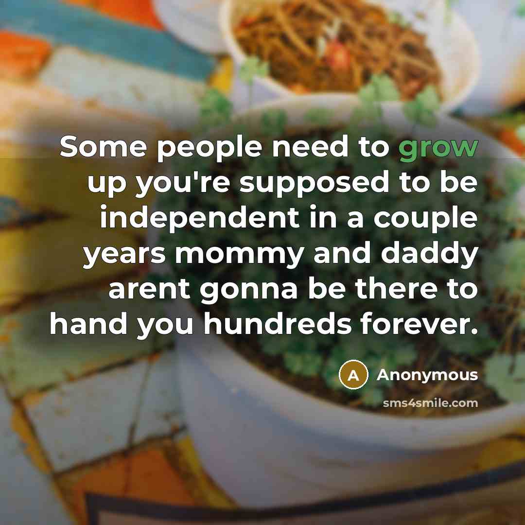 “Some people need to grow up you're supposed to be independent in a couple years mommy and daddy arent gonna be there to hand you hundreds forever.” quote by Anonymous