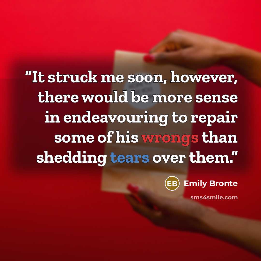 “It struck me soon, however, there would be more sense in endeavouring to repair some of his wrongs than shedding tears over them.” quote by Emily Brontë