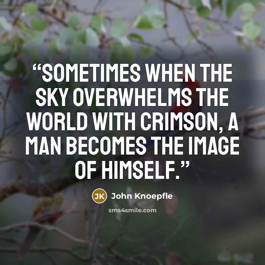 “Sometimes when the sky overwhelms the world with crimson, a man becomes the image of himself.” quote by John Knoepfle