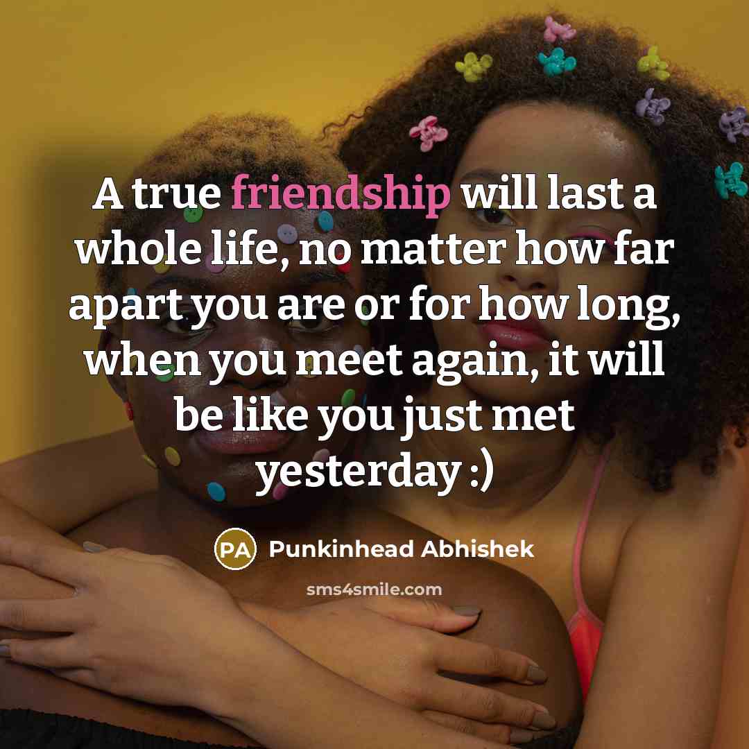 “A true friendship will last a whole life, no matter how far apart you are or for how long, when you meet again, it will be like you just met yesterday :)” quote by Punkinhead Abhishek