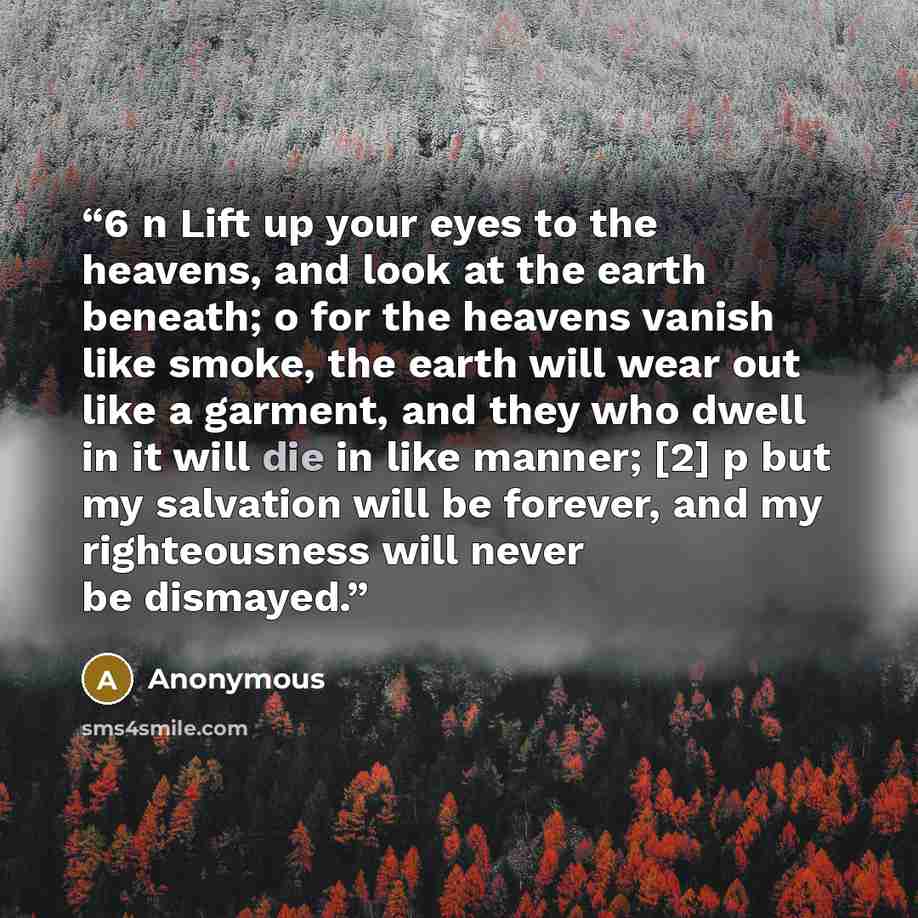 “6 n Lift up your eyes to the heavens, and look at the earth beneath; o for the heavens vanish like smoke, the earth will wear out like a garment, and they who dwell in it will die in like manner; [2] p but my salvation will be forever, and my righteousness will never be dismayed.” quote by Anonymous