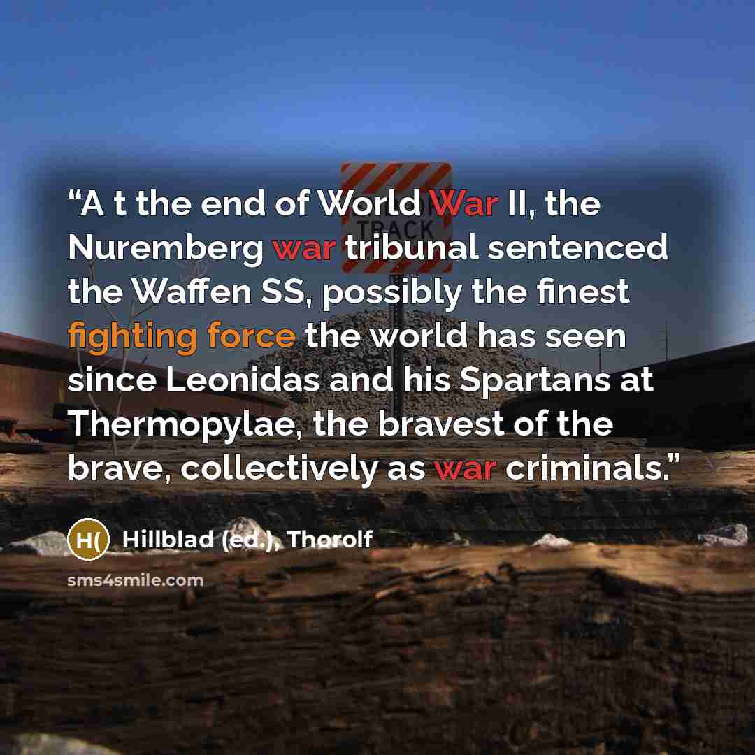 “A t the end of World War II, the Nuremberg war tribunal sentenced the Waffen SS, possibly the finest fighting force the world has seen since Leonidas and his Spartans at Thermopylae, the bravest of the brave, collectively as war criminals.” quote by Hillblad (ed.), Thorolf
