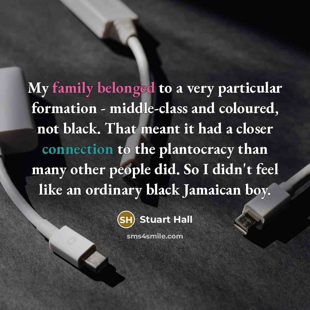 “My family belonged to a very particular formation - middle-class and coloured, not black. That meant it had a closer connection to the plantocracy than many other people did. So I didn't feel like an ordinary black Jamaican boy.” quote by Stuart Hall
