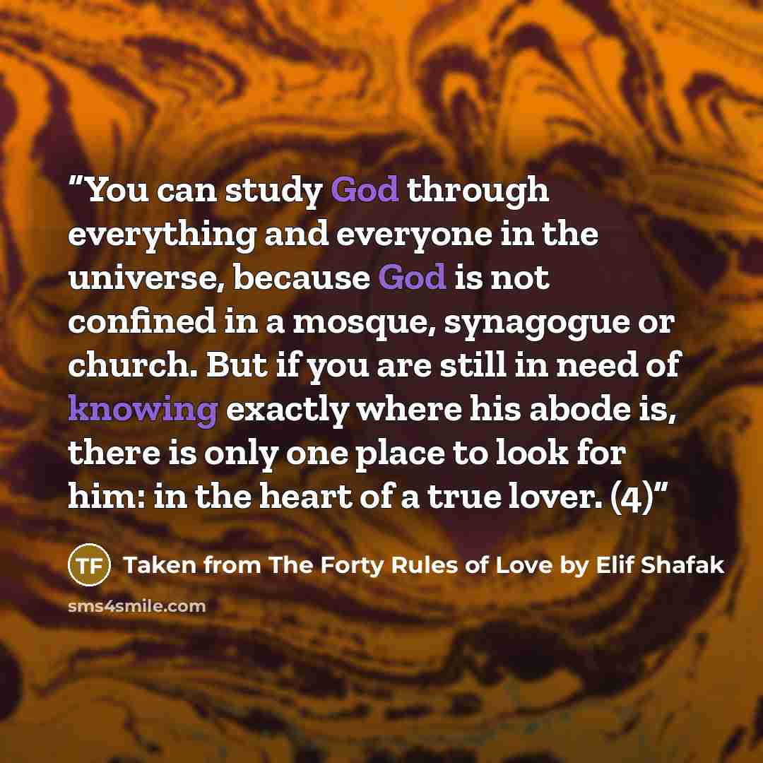 “You can study God through everything and everyone in the universe, because God is not confined in a mosque, synagogue or church. But if you are still in need of knowing exactly where his abode is, there is only one place to look for him: in the heart of a true lover. (4)” quote by Taken from The Forty Rules of Love by Elif Shafak