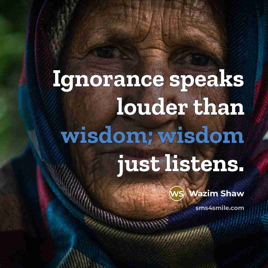 “Ignorance speaks louder than wisdom; wisdom just listens.…” quote by Wazim Shaw