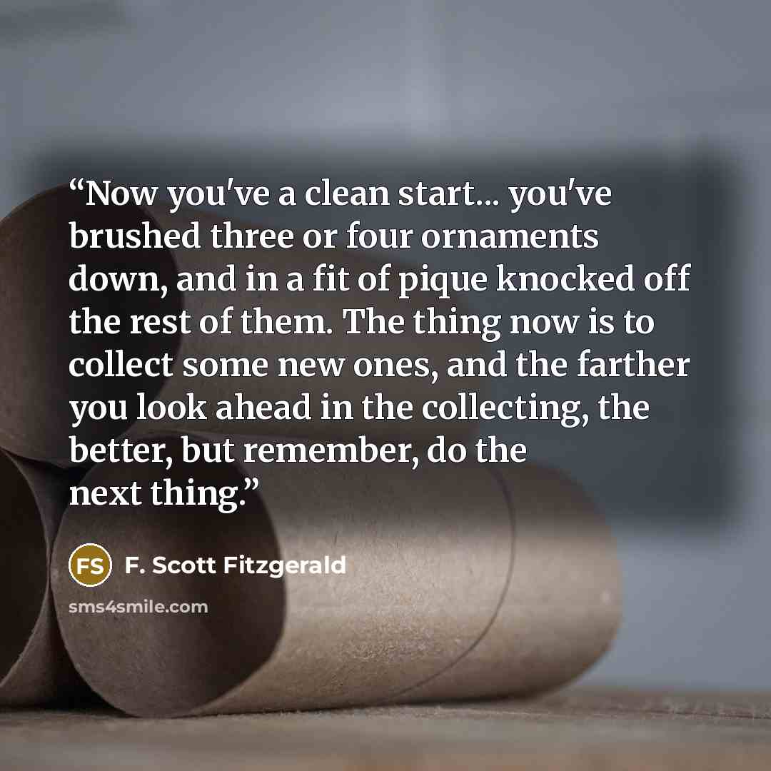 “Now you've a clean start... you've brushed three or four ornaments down, and in a fit of pique knocked off the rest of them. The thing now is to collect some new ones, and the farther you look ahead in the collecting, the better, but remember, do the next thing.” quote by F. Scott Fitzgerald