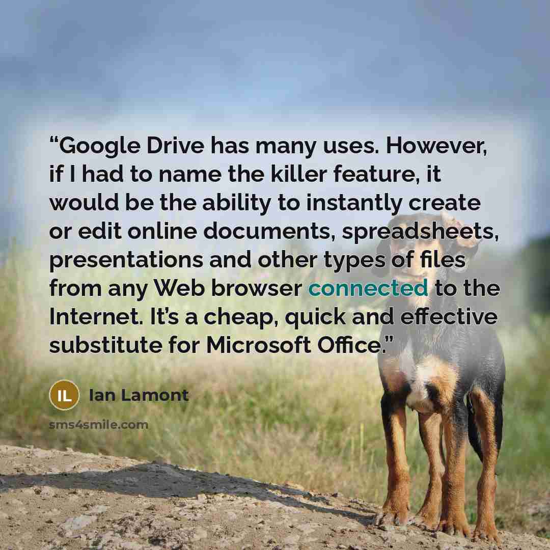 “Google Drive has many uses. However, if I had to name the killer feature, it would be the ability to instantly create or edit online documents, spreadsheets, presentations and other types of files from any Web browser connected to the Internet. It’s a cheap, quick and effective substitute for…” quote by Ian Lamont