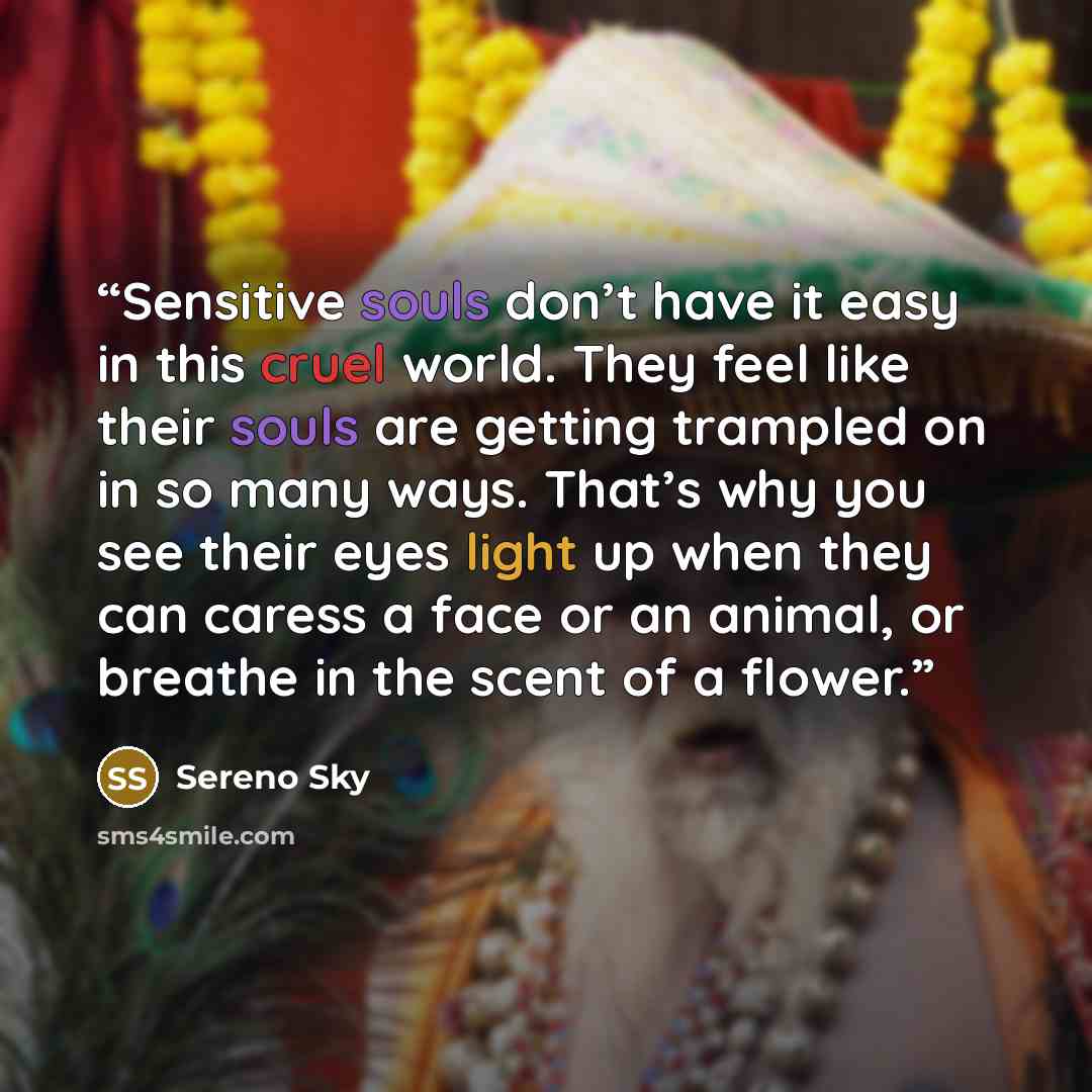 “Sensitive souls don’t have it easy in this cruel world. They feel like their souls are getting trampled on in so many ways. That’s why you see their eyes light up when they can caress a face or an animal, or breathe in the scent of a flower.” quote by Sereno Sky