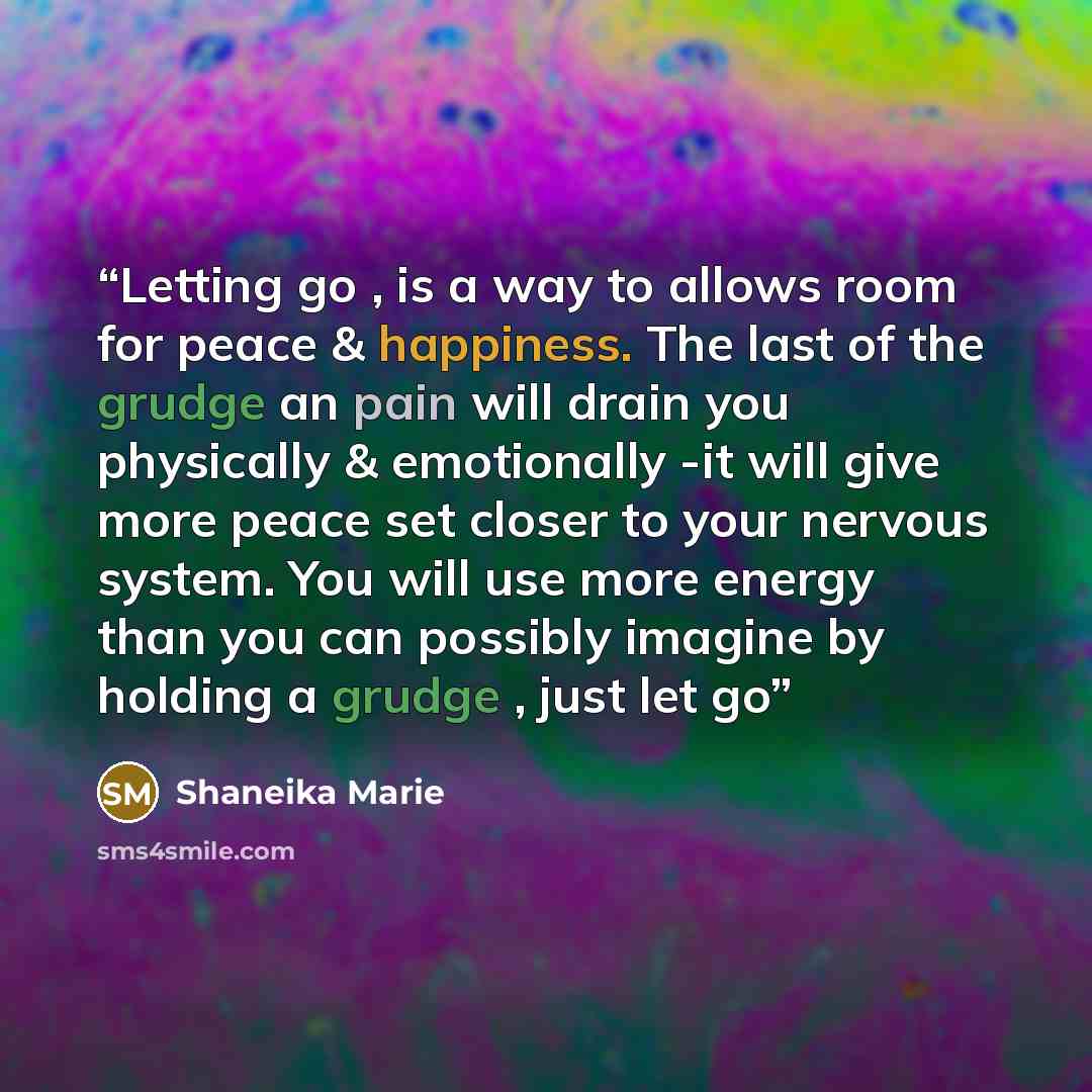 “Letting go , is a way to allows room for peace & happiness. The last of the grudge an pain will drain you physically & emotionally -it will give more peace set closer to your nervous system. You will use more energy than you can possibly imagine by holding a grudge , just let go” quote by Shaneika Marie