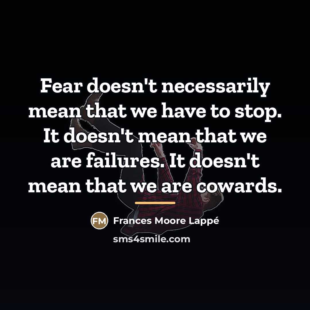 “Fear doesn't necessarily mean that we have to stop. It…” quote by Frances Moore Lappé