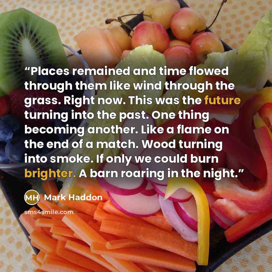 “Places remained and time flowed through them like wind through the grass. Right now. This was the future turning into the past. One thing becoming another. Like a flame on the end of a match. Wood turning into smoke. If only we could burn brighter. A barn roaring in the night.” quote by Mark Haddon