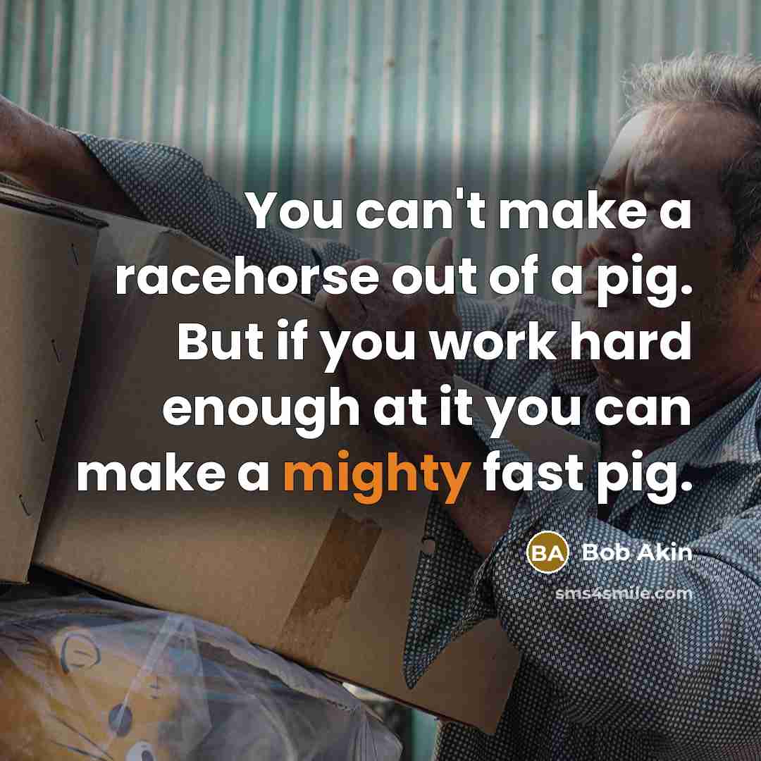 “You can't make a racehorse out of a pig. But if you work hard enough at it you can make a mighty fast pig.” quote by Bob Akin