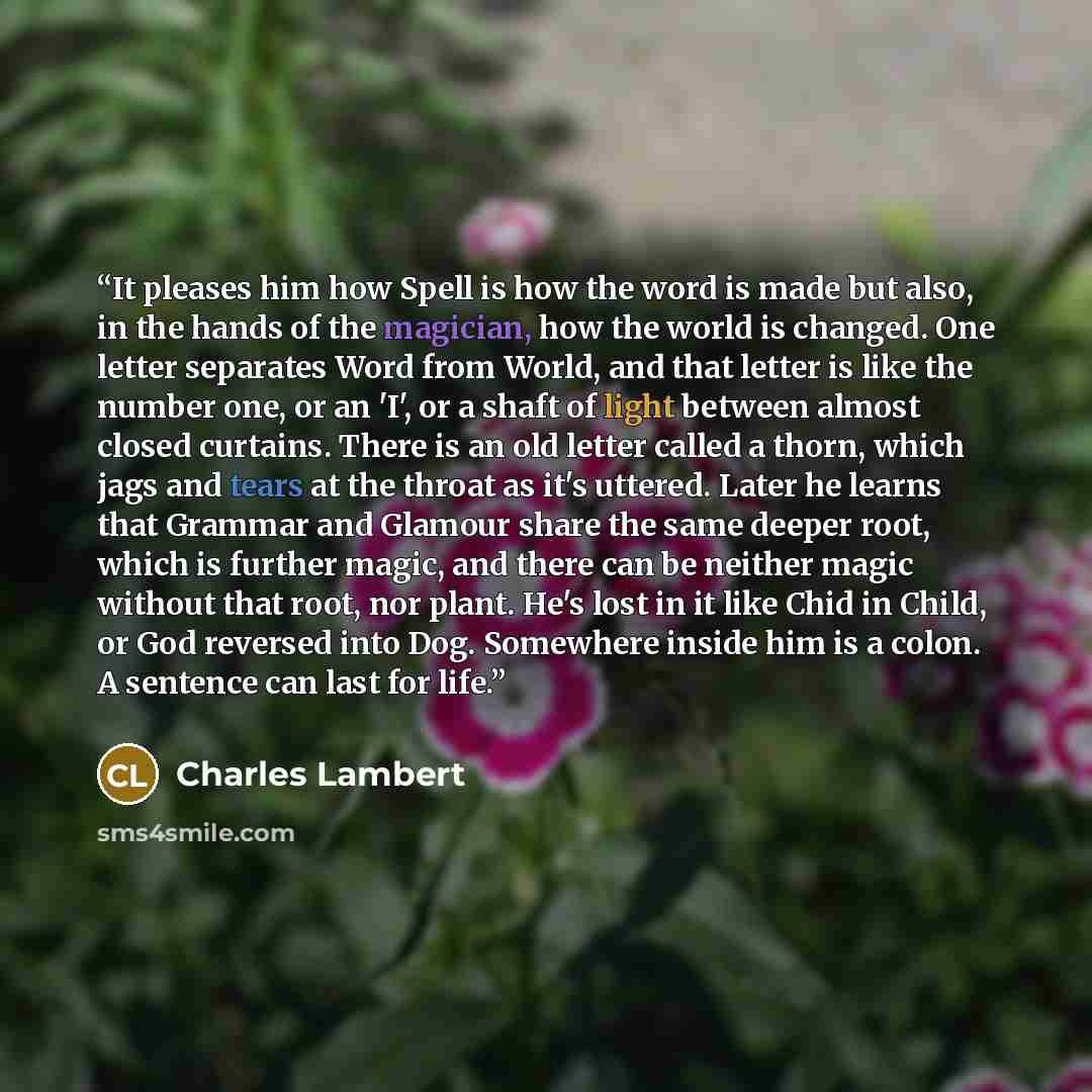 “It pleases him how Spell is how the word is made but also, in the hands of the magician, how the world is changed. One letter separates Word from World, and that letter is like the number one, or an 'I', or a shaft of light between almost closed curtains. There is an old letter called a thorn…” quote by Charles Lambert