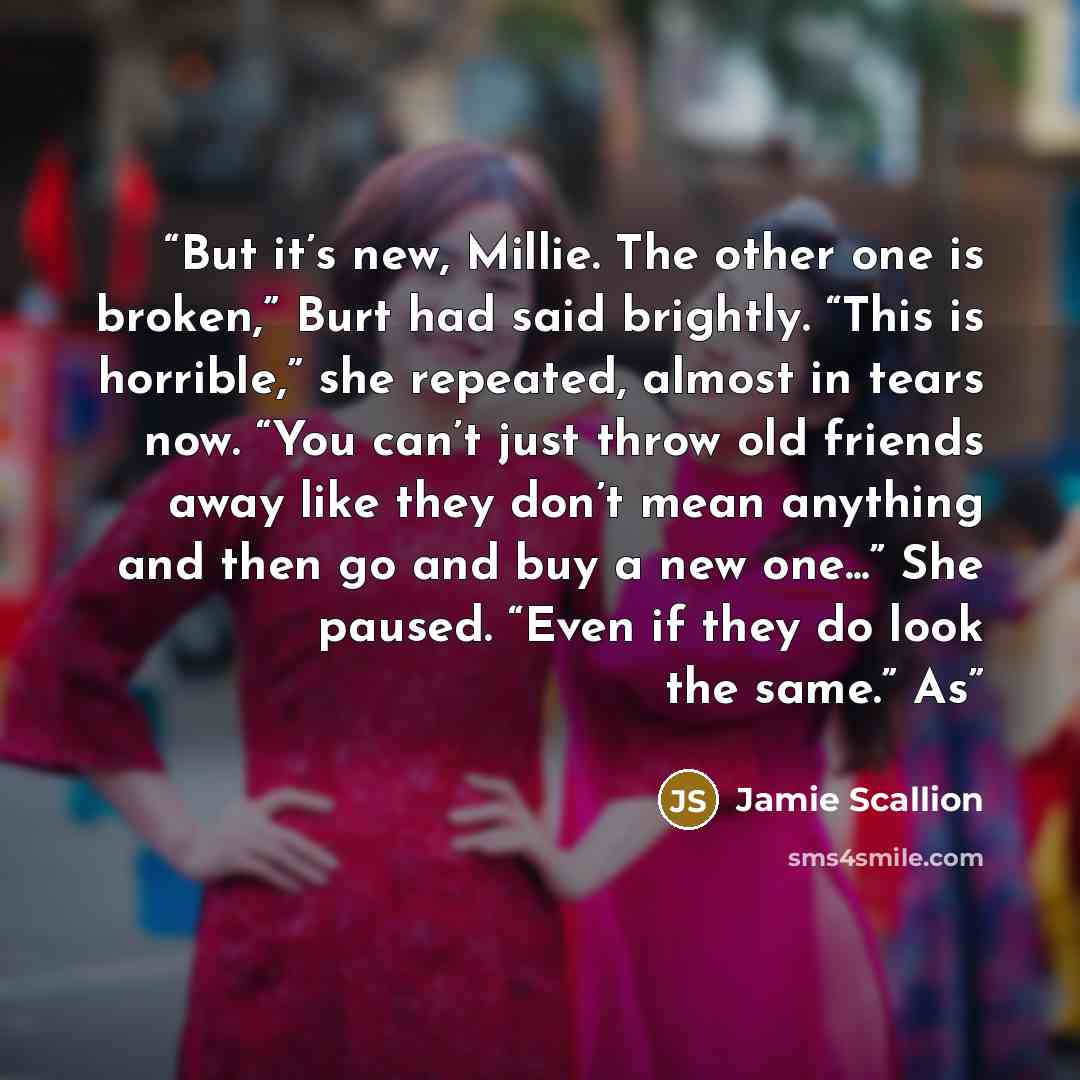 “But it’s new, Millie. The other one is broken,” Burt had said brightly. “This is horrible,” she repeated, almost in tears now. “You can’t just throw old friends away like they don’t mean anything and then go and buy a new one...” She paused. “Even if they do look the same.” As” quote by Jamie Scallion