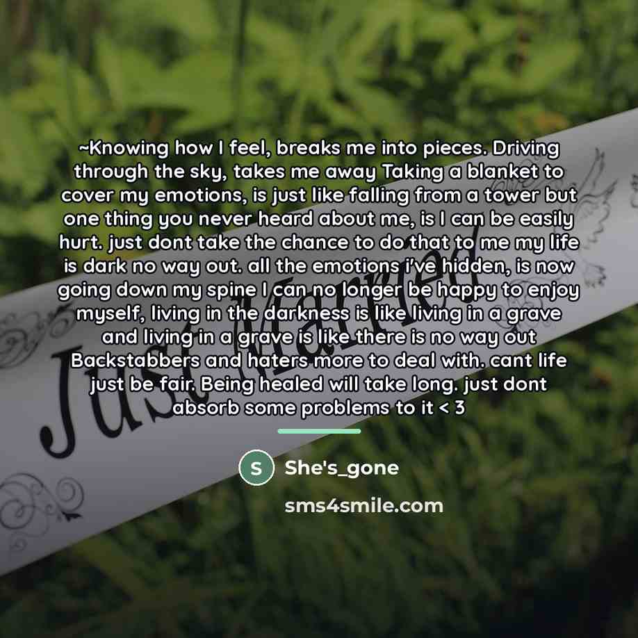 “~Knowing how I feel, breaks me into pieces. Driving through…” quote by She's_gone