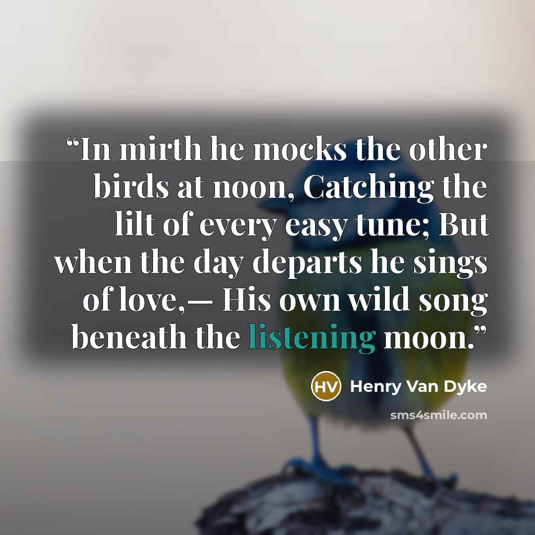 “In mirth he mocks the other birds at noon, Catching the lilt of every easy tune; But when the day departs he sings of love,— His own wild song beneath the listening moon.” quote by Henry Van Dyke