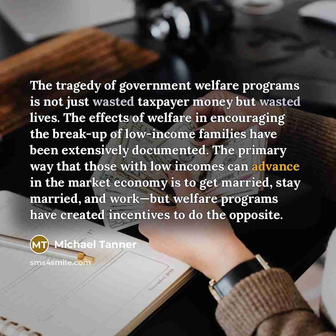 “The tragedy of government welfare programs is not just wasted…” quote by Michael Tanner