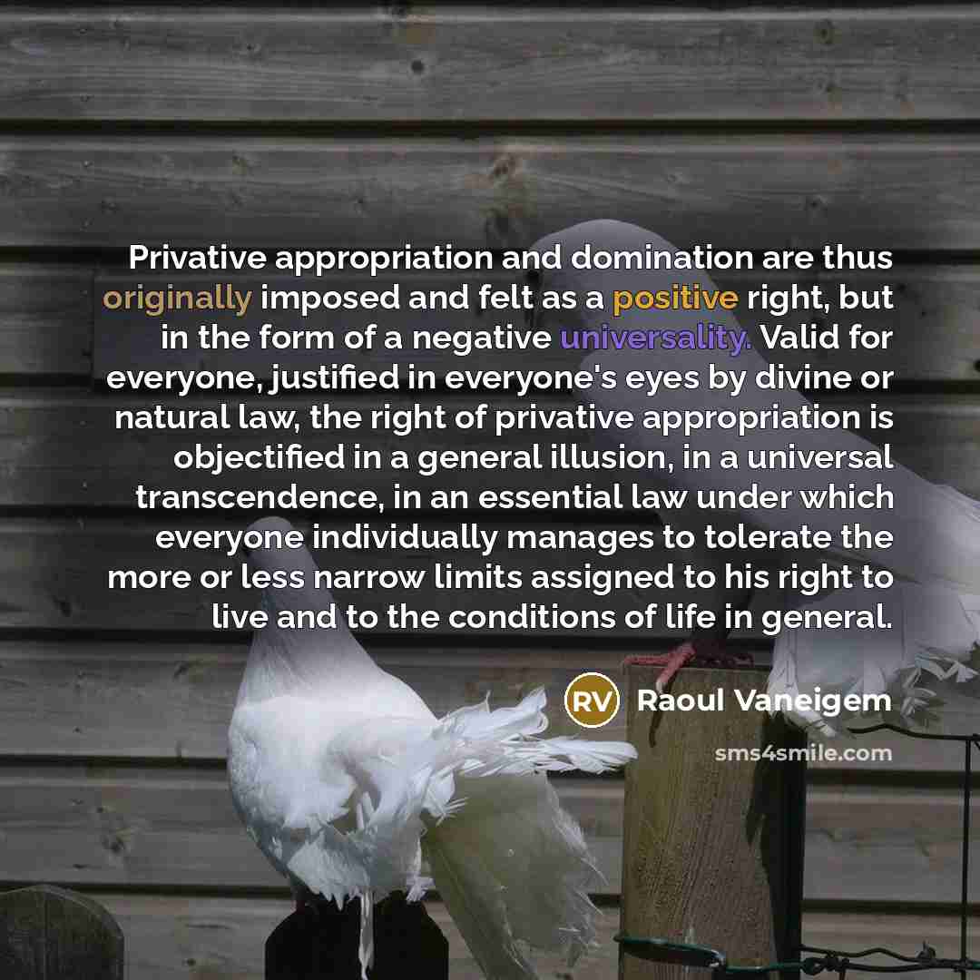 “Privative appropriation and domination are thus originally imposed and felt as a positive right, but in the form of a negative universality. Valid for everyone, justified in everyone's eyes by divine or natural law, the right of privative appropriation is objectified in a general illusion, in a…” quote by Raoul Vaneigem