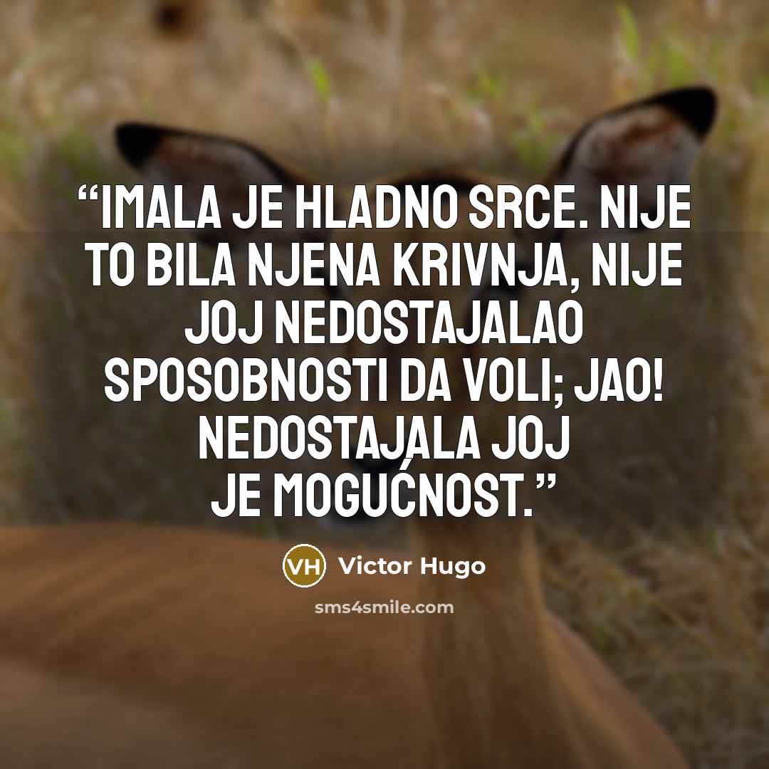 “imala je hladno srce. Nije to bila njena krivnja, nije joj nedostajalao sposobnosti da voli; jao! nedostajala joj je mogućnost.” quote by Victor Hugo