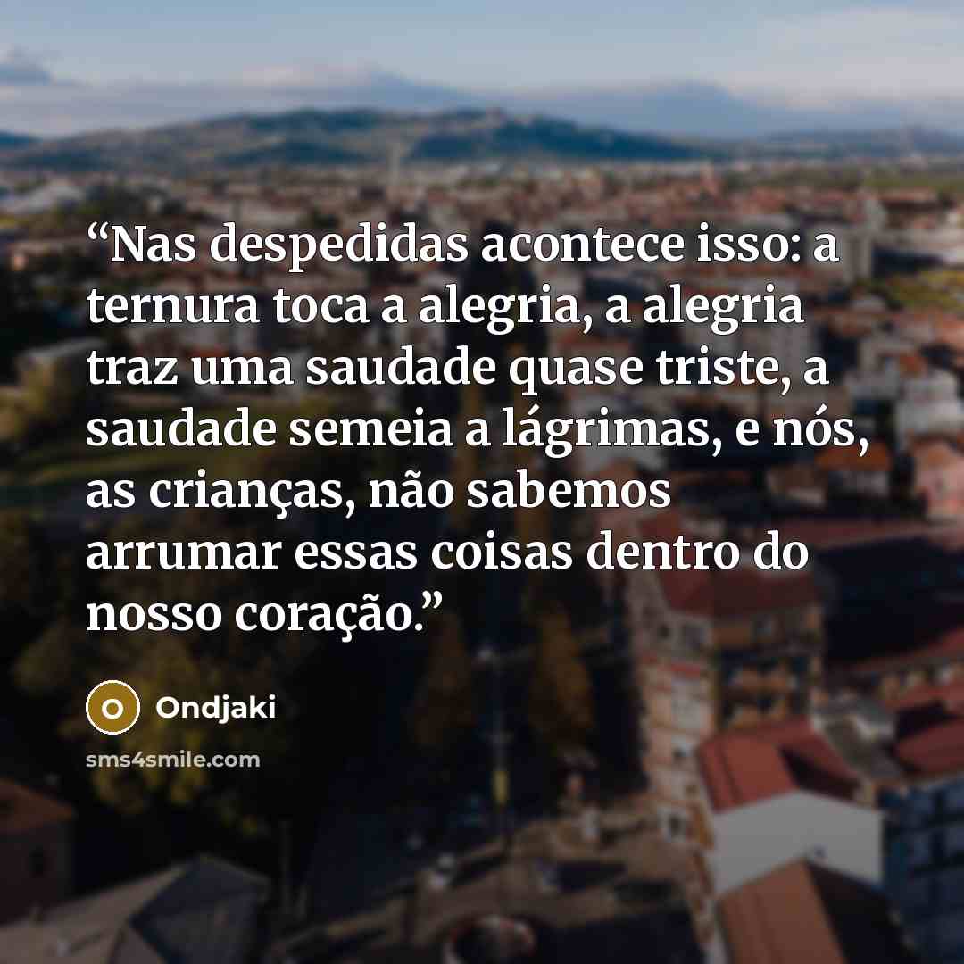 “Nas despedidas acontece isso: a ternura toca a alegria, a alegria traz uma saudade quase triste, a saudade semeia a lágrimas, e nós, as crianças, não sabemos arrumar essas coisas dentro do nosso coração.” quote by Ondjaki