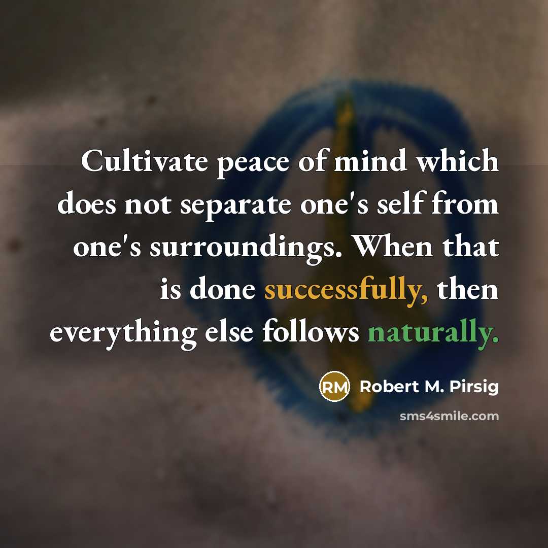 “Cultivate peace of mind which does not separate one's self from one's surroundings. When that is done successfully, then everything else follows naturally.” quote by Robert M. Pirsig