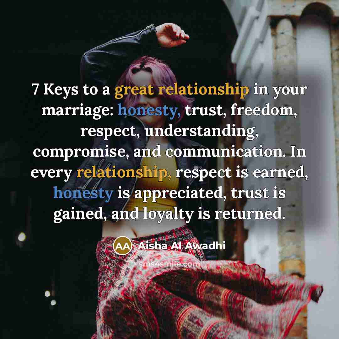 “7 Keys to a great relationship in your marriage: honesty,…” quote by Aisha Al Awadhi