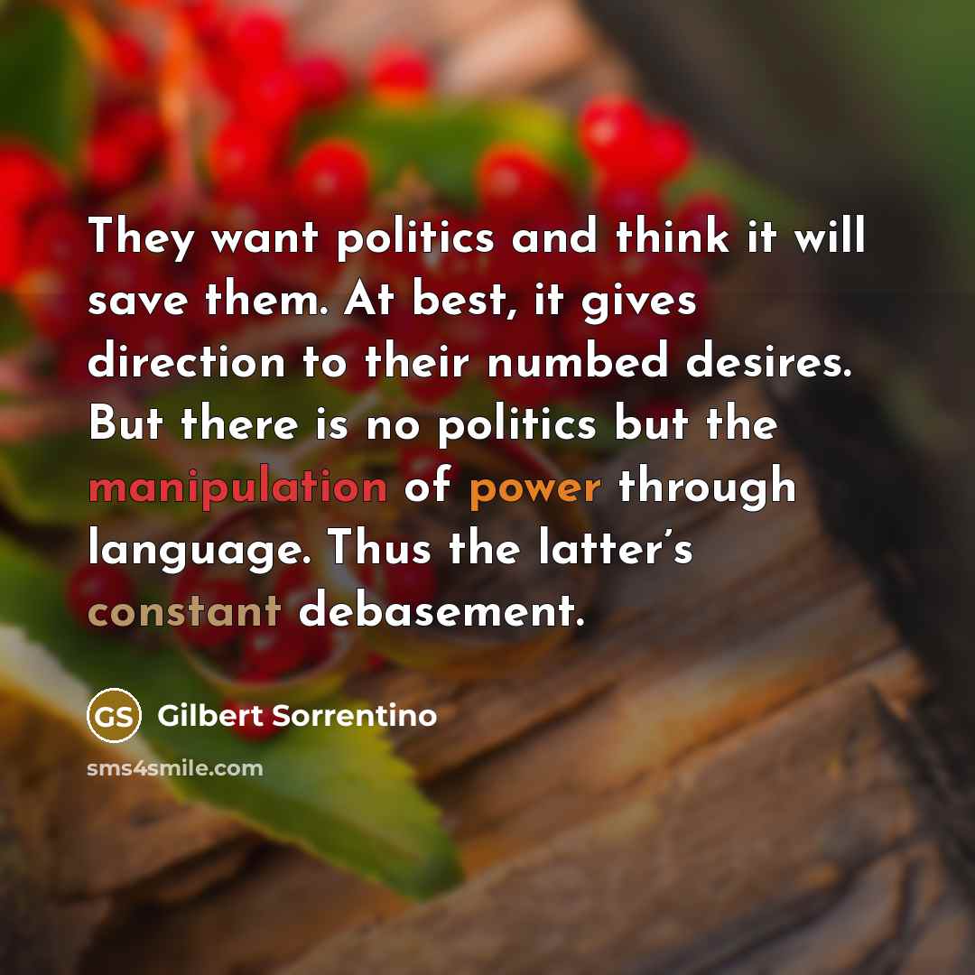 “They want politics and think it will save them. At…” quote by Gilbert Sorrentino